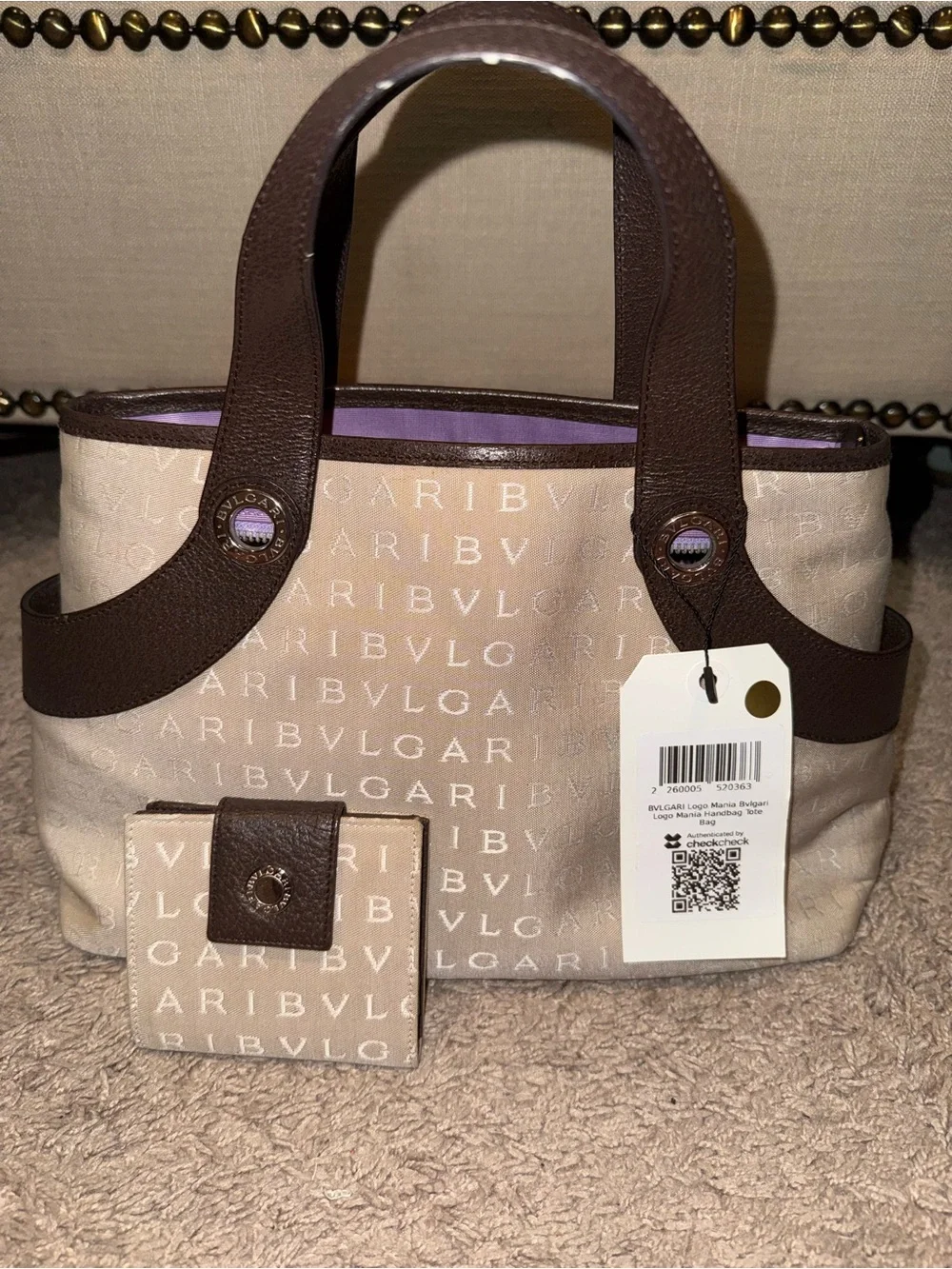 Bulgari Cream Canvas Logo Tote with Brown Leather Trim with matching wallet
